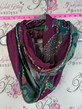 Baba scarf scarve flowers embroidered Floral Infinity Scarf in Plum & Teal by